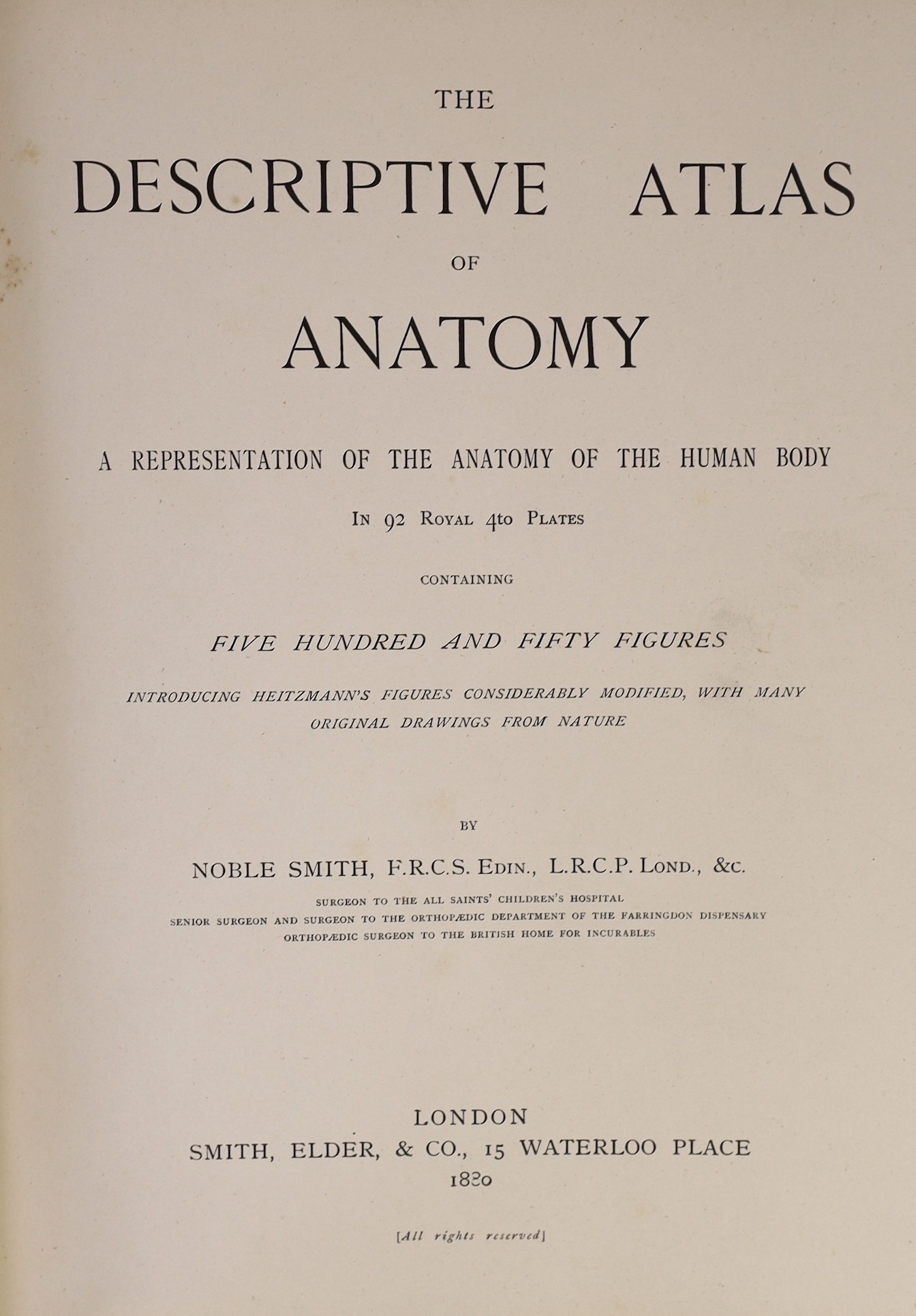 Smith, Noble - The Descriptive Atlas of Anatomy, 4to, cloth, with 92 plates, Smith, Elder & Co., London, 1880